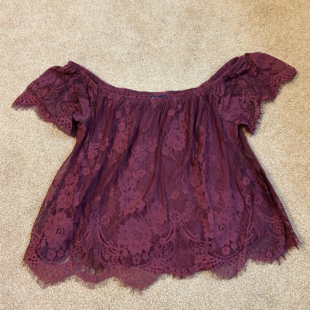American Eagle Outfitters Burgundy Lace Off-Shoulder Blouse